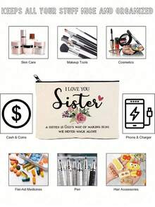 1pc Canvas Cosmetic Bag, "I Love You, Sister" Printed Makeup Bag, Portable Travel Toiletry Bag, Non-Waterproof, Zipper Storage Pouch, Suitable For Sisters And Friends Cosmetic Storage, Mini Makeup Bag, Travel Makeup Case Accessory, Makeup Brush Bag, Makeup Container, Cosmetic Bag, Travel Essential, Women Accessory, Travel Supplies, Cosmetic Bag, Makeup Pouch - Multicolor - View 7