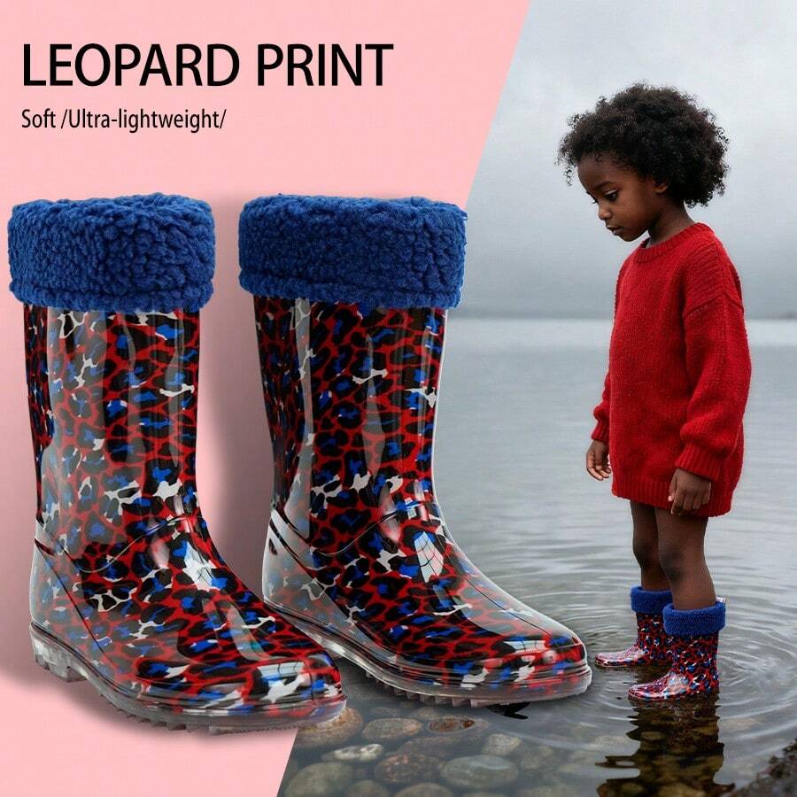 Girls' Fashion Camouflage Rain Boots, Soft And Warm Plush Upper, Non-Slip And Lightweight, Waterproof Design, Easy To Put On And Take Off, Suitable For Rainy Days, Outdoor Activities And Muddy Adventures - The Perfect Choice For Little Adventurers. - Red - View 1