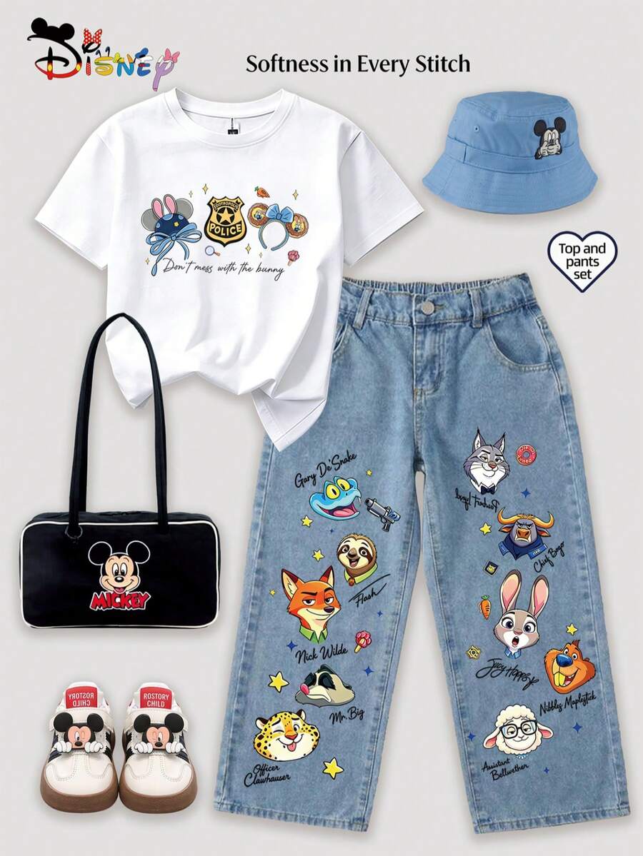 DisneyZootopia Girls' Outfit Set: Straight Leg Casual Jeans And T-Shirt Two-Piece Set With Cartoon Character Prints. Comfortable And Soft Children's Set. Cute New Summer Arrival. Perfect For Daily School, Outings, Sports, And Travel. Ideal Gift. - trắng - Xem 1