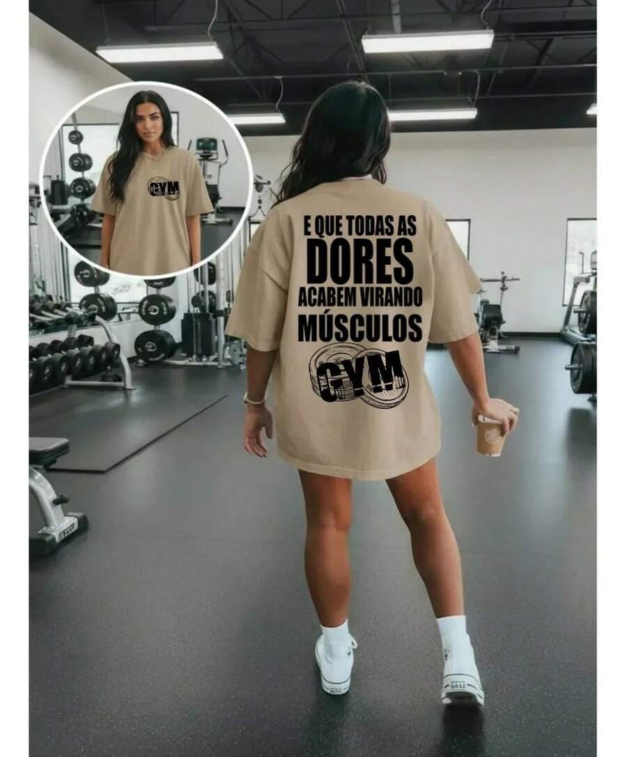 Women's T-Shirt Fashion Cotton Plus Size Children's Blouse Casual Top Cute Fashion May All Pains End Up Turning Into Muscle Gym Bodybuilding - 米色 - 查看 1