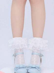 1 Pair Of Women's Cute Lace Ruffle And Bow Design Three-Layer Socks, Japanese Style Valentine's Day Valentines - 白色 - 查看 3