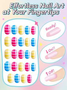 NAIO 24pcs Kids Press On Nails, Colorful Pink Blue Yellow Stripe Full Cover False Nails Colorful Full Cover Short False Nails For Girls, Cute Mixed Pattern Wearable Nail Kit With Storage Box & Nail File - Multicolor - View 2