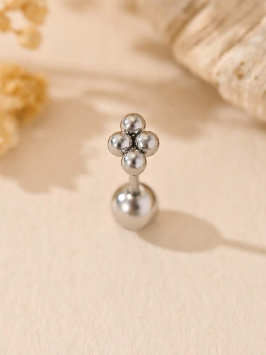 1pc Minimalist Stainless Steel 4-Ball Stud Earrings, Straight Bar Round Ball Threaded Earrings For Daily Wear - Silver - View 1