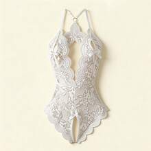 Sexy Lingerie Accessory, Floral Lace Fan-Shaped Teddy Bear, Deep V Halter Neck Design, Backless, Open Crotch Jumpsuit, Sexy Women's Clothing, Elastic Sexy - White - View 6