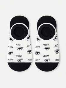 1双男士黑白眼睛图案抽象艺术设计透气棉混纺防滑船袜，适合旅行、居家、办公、节日送礼 - 黑與白 - 查看 12