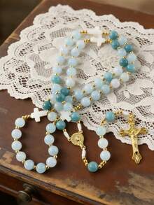 GO2CJBEADS 1pc Natural Stone Beads Cross Rosary Necklace, Vintage Classic Beaded Cross Pendant Religious Jewelry For Women - Z0698A - View 9