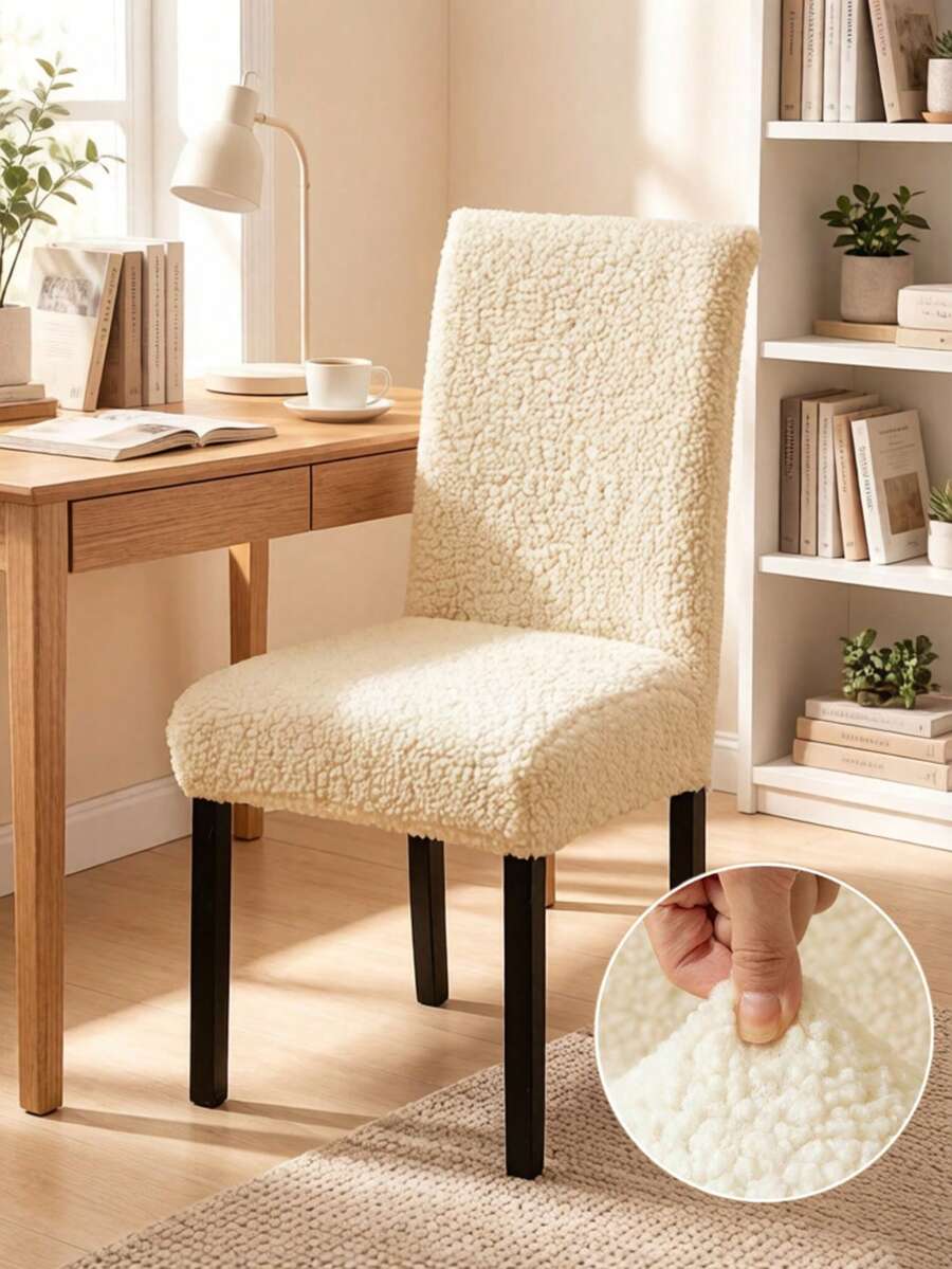 1/2/4pcs Textured Plush Elastic Thickened Solid Color Chair Covers, Suitable For Various Occasions And Festivals - Beige - View 1