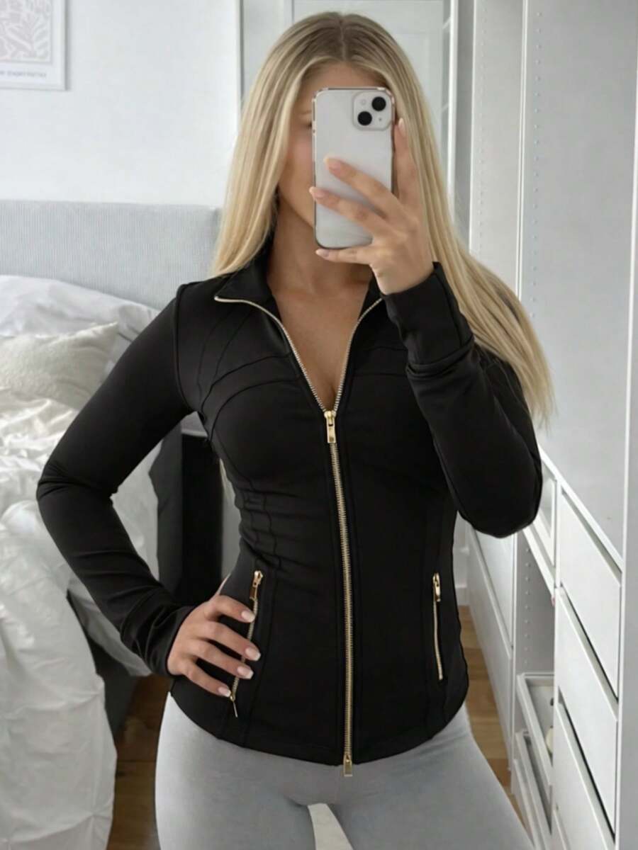 Women's Slim Fit High Stretch Activewear Jacket Zip Up Stand Collar Gold Zipper Thumb Hole Sports Top For Gym Workout And Daily Wear - 黑/金 - 查看 1
