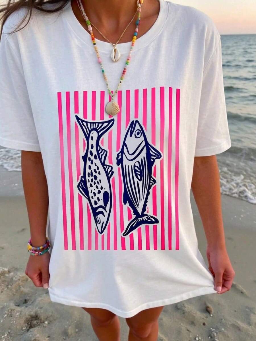 Summer Topssummer Outfitsholiday Outfits For Womensummer.Crew Neck T-Shirt, Vintage Sardine Print Tee, Seafood-Themed Vacation Top, Aesthetic Style Shirt, 90s Vibe, Pure Cotton Top, Summer, Seaside Vacation Wear Casual White - White - View 1
