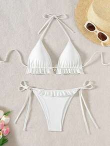 Swim Mod Women's Swimsuit, Two-Piece Bikini Set With Halter Neck, Ruffles And Bow In Solid Color For Summer - 白色的 - 查看 4