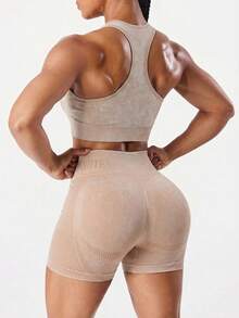 TCVC 2026 New Seamless Sports Set For Women, Racerback Sports Bra Top + High Waist Letter Print Shorts, Elastic Breathable Moisture-Wicking Fitness Outfit, Suitable For Yoga, Running, Commuting, Date 2pcs/Set - Champagne - View 2