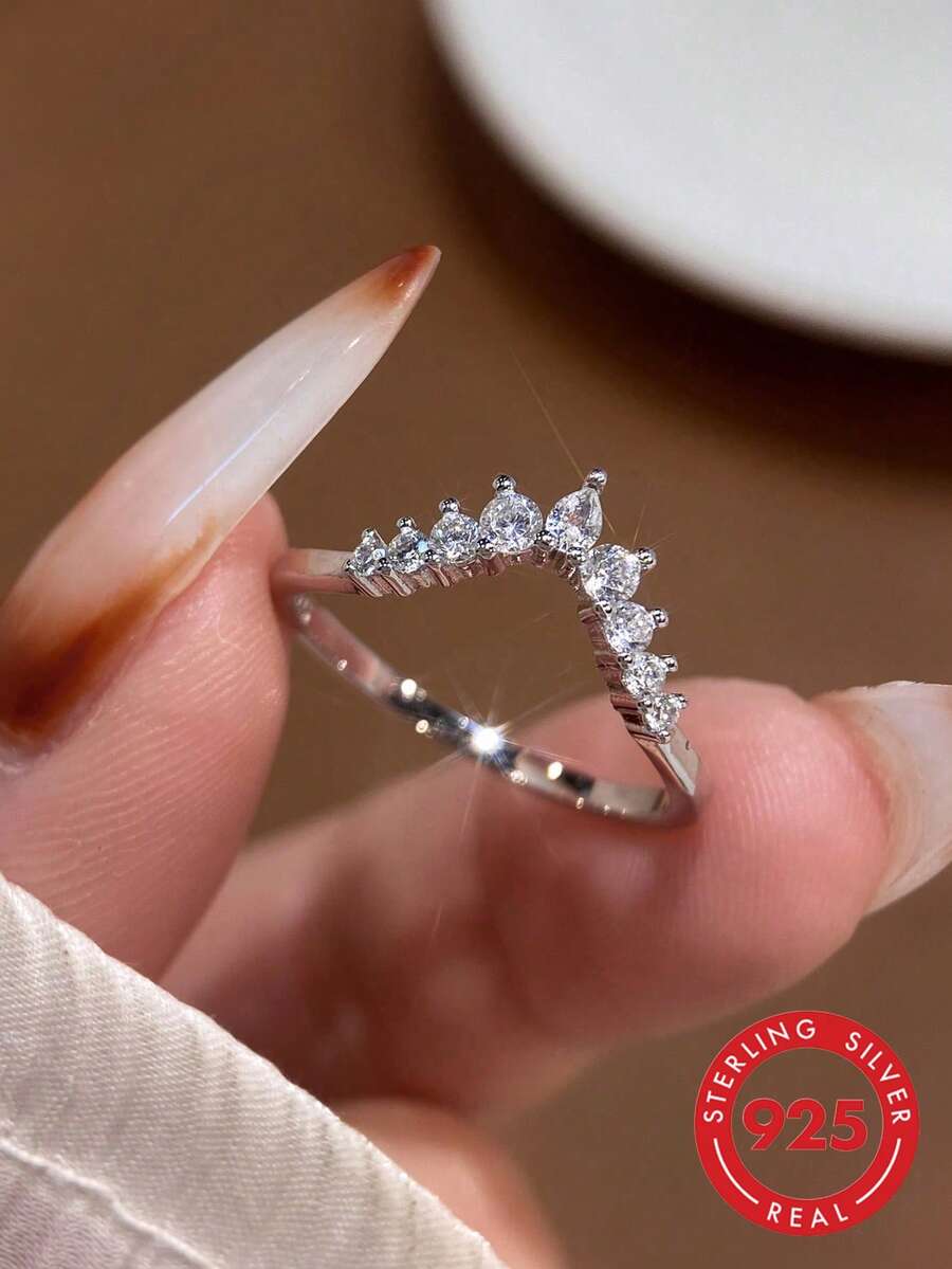 1 chiếc nhẫn bạc 925 hình giọt nước chữ V sáng bóng, nhẫn cưới/nhẫn hứa hẹn/nhẫn vĩnh cửu dành cho nữ, món quà trang sức tinh tế.