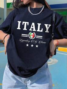 Italy Rome City Graphic Tee, Classic Campus Style Print T-Shirt, Italian Flag Casual Short Sleeve, Travel Casual Top - Navy Blue - View 2