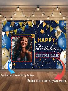 1pc Customizable Personalized Name Photo Happy Birthday Backdrop, Blue & Gold Balloon Theme, Polyester Material, Party Decor, Suitable For Indoor Celebration Events And Photography, Birthday Party, Anniversary, General Decoration, Holiday Wall Decor | Exquisite Engraved Design | Polyester Material, No Electricity Required, 3 Size Options, Multifunctional, Highly Decorative, Letter Pattern, Fashionable, Modern, Vibrant Colors, Cute, Casual, Customizable, Personalized, Unique, Ideal Gift For Him, Ideal Gift For Her, Anniversary Gift For Him - Multicolor - View 9
