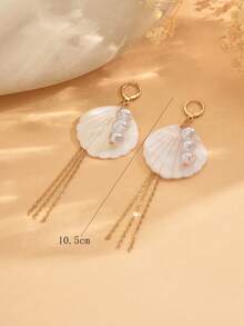 1 paire de boucles d'oreilles à gland avec décoration de coquillage style océan romantique, boucles d'oreilles élégantes avec faux perles, bijoux charmants convenant pour le port quotidien, les sorties à la plage et les vacances. Les motifs et les formes sur les coquillages sont aléatoires, pas fixes. - Multicolore - Voir 4