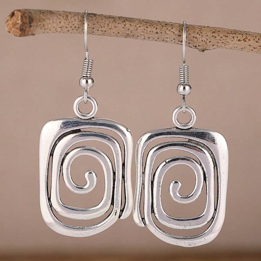 1 Set Vintage Geometric Hook Earrings + Creative Spiral Earrings, Suitable For Women's Daily And Holiday Wear, Ideal Gift For Her - Silver - View 1