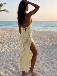 Apperloth A Áo khoác ngoài dệt kim xuyên thấu không tay cổ tròn ôm sát kiểu Y2K, trang phục đi biển mùa hè (Nữ) - Màu be - Xem 2