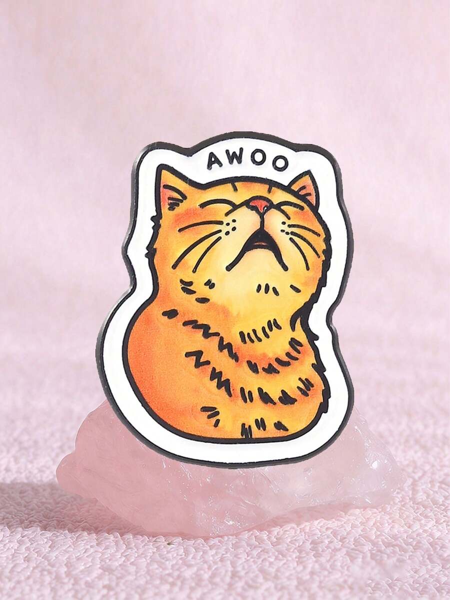 1枚可爱橘色虎斑猫AWOO卡通珐琅胸针，趣味俏皮猫咪胸针，可作背包或翻领徽章，动物饰品，送给朋友的礼物