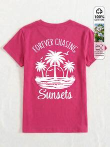 Tricou de damă cu mânecă scurtă și guler rotund, cu imprimeu de palmier și litere Sunset Beach, potrivit pentru ținute casual, în aer liber și de sărbători, perfect pentru primăvară și vară. Fabricat din bumbac pur. - Roz fierbinte - Vizualizare 3