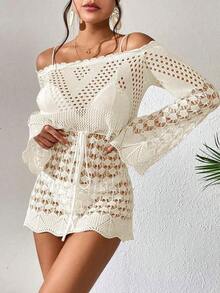 Bộ đồ bơi nữ mùa hè kiểu Bohemian hở vai, đan móc rỗng, eo rút, tay xòe, áo khoác ngoài bikini màu trắng, trang phục phong cách phương Đông, trang phục đi nghỉ mát cho nữ. - trắng - Xem 3