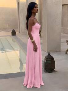 Romantic Sexy Women's Sleeveless Pleated Maxi Dress, Strapless Knit Ruched Gown - Pink - View 5