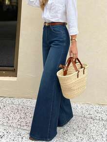 Jeans de pierna ancha lavados en marrón para mujer, pantalones vaqueros cómodos con bolsillos, estilo casual para primavera - Azul lavado oscuro - Ver 5