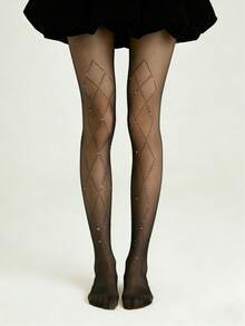 1 Pair Women's Fashion Pantyhose – Rhombus Diamond Rhinestone Pattern, Sexy & Snag-Resistant, Perfect For Daily Wear, Dating, Outdoor Activities And Evening Parties - Black - View 6