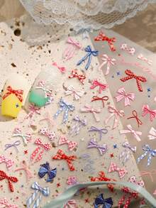 1片5D立体浮雕可爱蝴蝶结美甲贴纸 精致可爱甜美格子波点蝴蝶结丝带自粘美甲贴纸 美甲贴花 - 彩色 - 查看 3