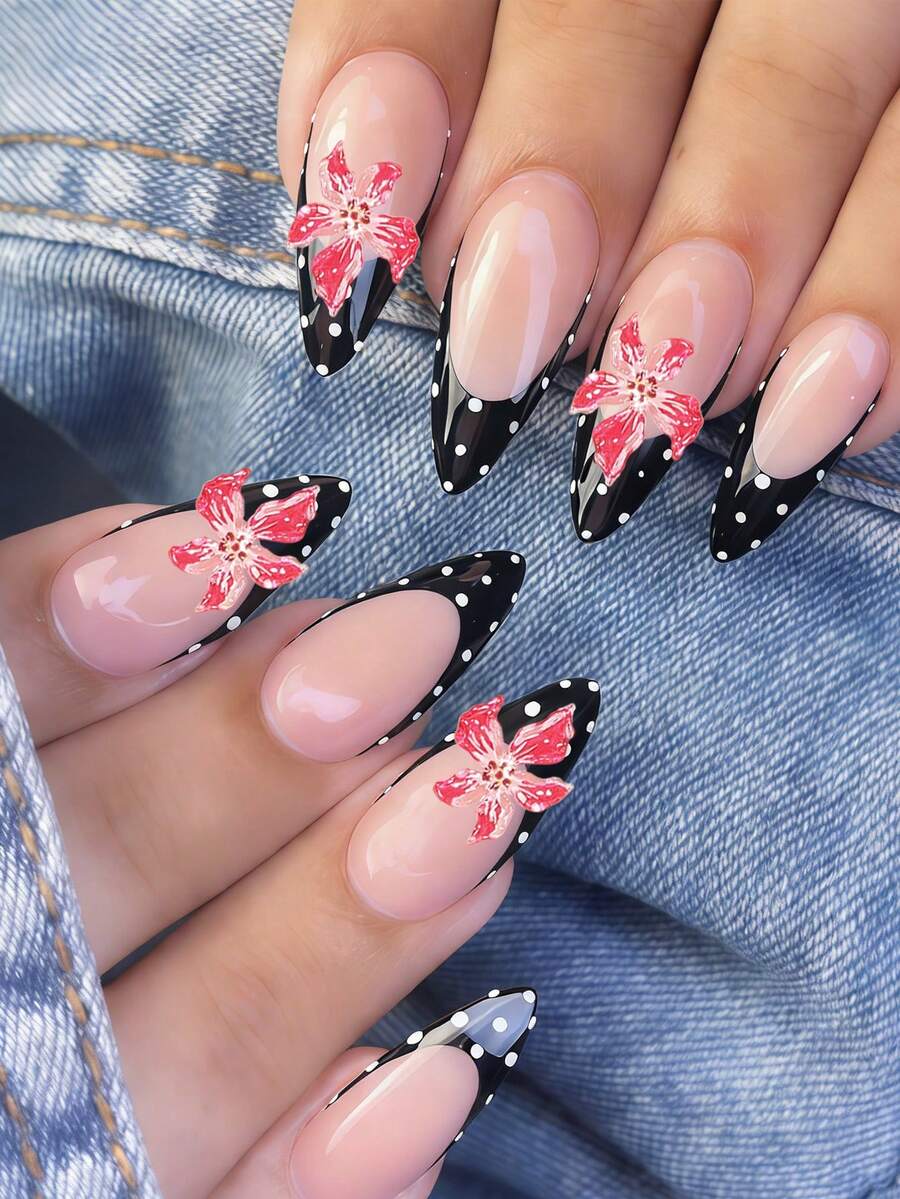 Mejora tu apariencia instantáneamente con 24 piezas de uñas postizas de forma de almendra media, elegante y vintage de estilo Y2K para primavera y verano. Incluye uñas 3D con flores rojas, lunares y diseño francés en blanco y negro. Cobertura completa de uñas falsas para mujeres y niñas, con 1 hoja de pegatinas adhesivas y 1 lima de uñas. Envío aleatorio de gel de gelatina. - Multicolor - Ver 1
