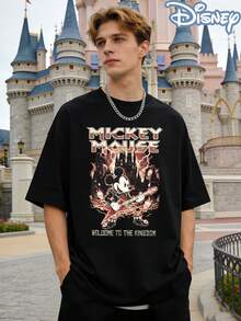 Disney Officially Licensed Mickey Mouse "Welcome To The Kingdom" Graphic 220g 100% Cotton T-Shirt, Unisex Regular Fit Casual Streetwear - 黑色 - 查看 2
