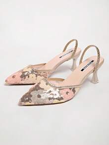 Colorful Chunky Heel Sandals, Patchwork Closed Toe Embellished Floral Decor Ankle Strap High Heels For Summer - Pink - View 3