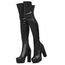Women Comfortable Over The Knee Thigh High Boots Soft Stretch Chunky Heel Boots For Fall Winter Casual Party Cosplay - BlackPU - 查看 14