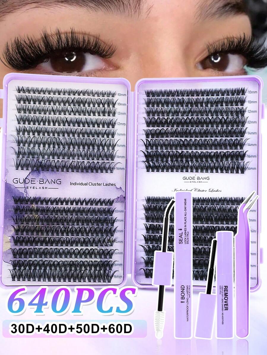 640 piezas Kit de extensión de pestañas, incluye (30D+40D+50D+60D) Juego completo de pestañas, pegamento, desmaquillante y herramientas, extensión de pestañas profesional fácil de hacer en casa - Usa pestañas de visón falso, adhesivo fuerte, desmaquillante y herramientas precisas para resultados de calidad de salón, juego completo de extensión de pestañas DIY - Multicolor - Ver 1