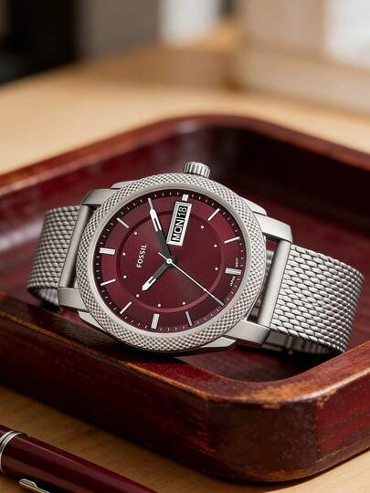 Fossil Đồng hồ nam FS6014 mặt đỏ, máy quartz - Dây đeo lưới bằng thép không gỉ, có lịch.