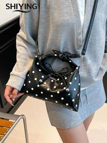 Fashionable Polka Dot Handbag, Women's Multi-Function Shoulder Crossbody Bag, Retro Bow Decor Drawstring Crescent Bag - Multicolor - View 8