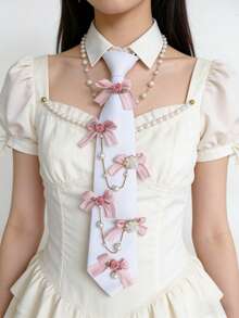 Shiny Polyester Lace Vintage French Elegant Pearl Lace Tie, Ladies Ties, Unique Design Pearl Decor, Suitable For Suits, Parties And Festivals,Travel - Pink Bow - View 6
