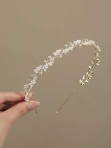 1 pieza Diadema minimalista de aleación con flor de perla y rhinestone para el cabello de mujer - Dorado - Ver 3