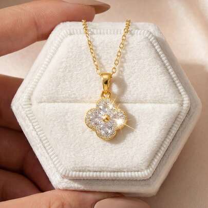 1件精美四叶草锆石吊坠项链，925纯银精致颈链，奢华珠宝礼品，适合女孩日常及约会佩戴