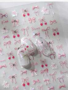 奢华水晶水钻美甲贴纸，新款3D美甲贴纸，浮雕蝴蝶结美甲装饰贴，美甲贴纸，按压式美甲贴片，美甲用品 - 粉色 - 查看 5