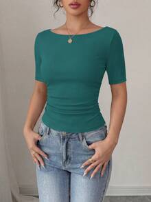 PRETTYGARDEN Womens Summer Short Sleeve Tops Boat Neck Ribbed Knit Slim Fit T Shirt Casual Basic Top Y2K Clothes - 湖藍色 - 查看 7