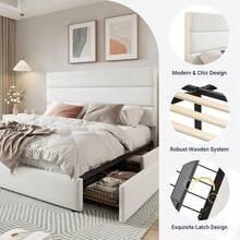 Allewie Modern Full/Queen/King Size Platform Bed Frame With 4 Storage Drawers And Velvet Upholstered Headboard, Wooden Slats Support, Upholstered Mattress Foundation/No Box Spring Needed/Easy Assembly, White - 白色 - 查看 6
