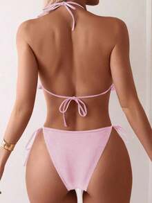 Swim Mod Women's Swimsuit, Two-Piece Bikini Set With Halter Neck, Ruffles And Bow In Solid Color For Summer - 羅莎 3 - 查看 2