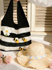Crocheted Bag With 3D Yarn Applique: Bees, Daisies, And Floral Motifs Women's Crossbody Bag, Retro-Style Black & White Contrast Striped Open-Knit Bag, Minimalist, High-Capacity Shoulder Bag, Summer Streetwear, Beach Vacations And Seaside Photography, Women's Straw Hat With Blue And White Floral Accents, Wide-Brimmed Sun Hat,Perfect For Shopping, Commuting, Going Back To School, Vacations - Multicolor - View 2