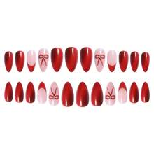 24pcs Nail Art Set, French Almond Shaped Medium Length False Nails, Y2K Bow Decor Nail Stickers, Suitable For Party, Concert, Holiday, Includes 1 Mini Nail File And 1 Sticker Sheet, Gift For Women & Girls, Red Bow Cat Eye Jewelry Accessory - Multicolor - View 6