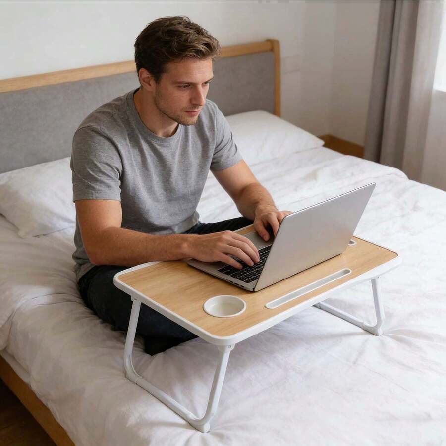 1pc Multi-Function Foldable Laptop Desk, Home Office & Binge-Watching Essentials. With Tablet Slot & Cup Holder, Slouchy Table That Folds Away Easily! - Multicolor - View 1