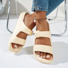 Damen Casual vielseitige flache Sandalen mit doppelter Schnalle und verstellbarem Schlupfeinsatz, geeignet für Outdoor, Innenbereich, Strand, Pool, Urlaub - Weiss - Übersicht 9