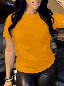 Solid Color Round Neck Basic Short Sleeve T-Shirt Is Suitable For Summer Casual WearLoose And Comfortable - Yellow - View 8