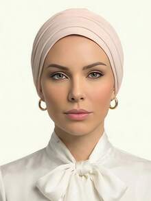 Set de 2 bucăți pentru femei, eșarfă turban clasică 2 în 1 și bandă plisată, culoare uni, design plisat de înaltă elasticitate, țesătură jersey premium, absorbție a umezelii și respirabilitate, potrivit pentru viața de zi cu zi și întâlniri, plajă, vacanță, esențial pentru călătorii - Caisă - Vizualizare 4