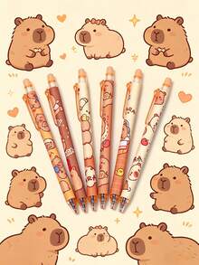 6支/盒 可爱水豚图案可伸缩圆珠笔，0.5mm黑色墨水，中性笔，适合日常使用、学生和办公人士 - 彩色 - 查看 11