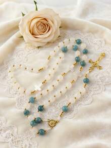 GO2CJBEADS 1pc Natural Stone Beads Cross Rosary Necklace, Vintage Classic Beaded Cross Pendant Religious Jewelry For Women - Z0698A - View 4